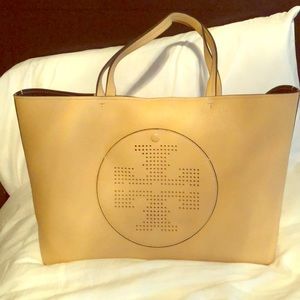 Tory Burch tan perforated logo leather tote